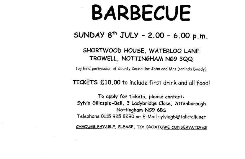 Barbecue Sunday 8th July 2.00 - 6.00p.m.